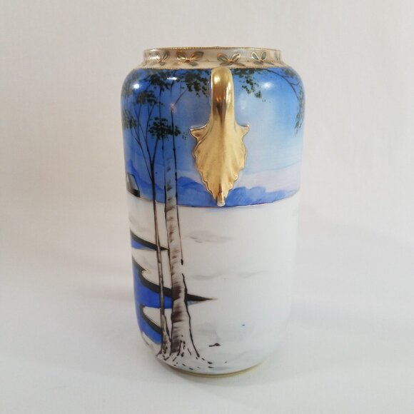 Antique Nippon 8.75" Vase Hand Painted Winter Scene Blue White Gold Tone Handles - Picture 3 of 16